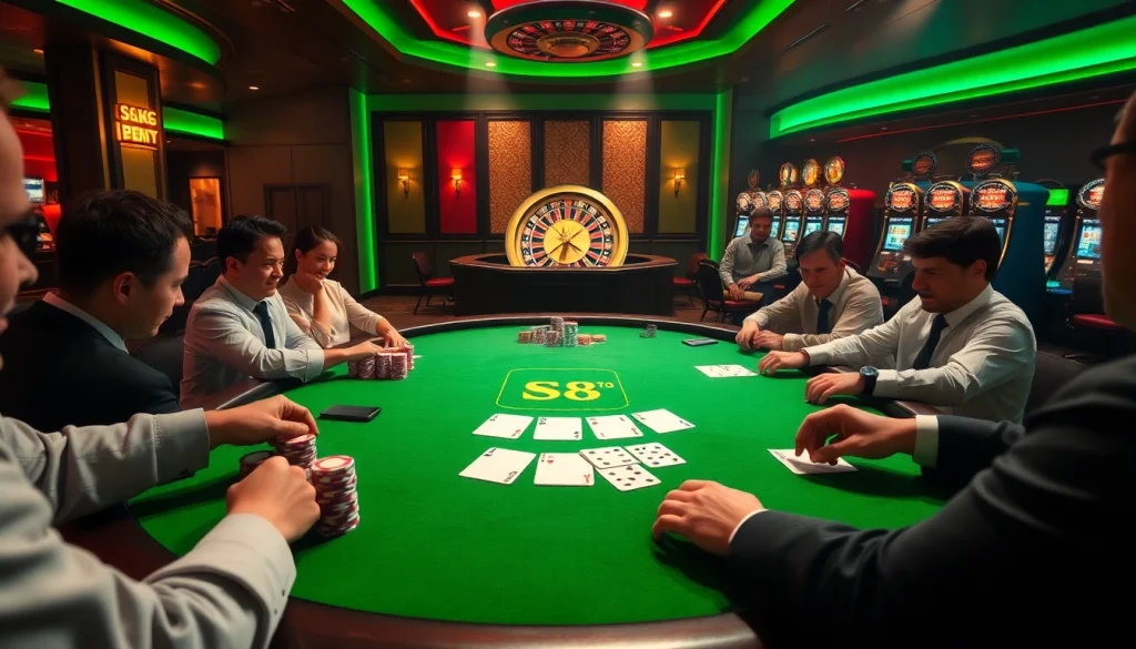 Excited players engage in a high-stakes poker game at a casino table inspired by S8 features.