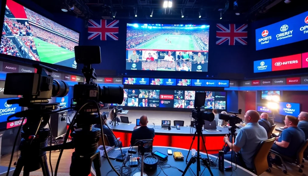 Dynamic sports broadcasting studio showcasing live coverage of sports events.