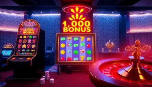 Experience the thrill of slot bonuses with an enticing online casino scene showcasing vibrant slot machines and gaming elements.