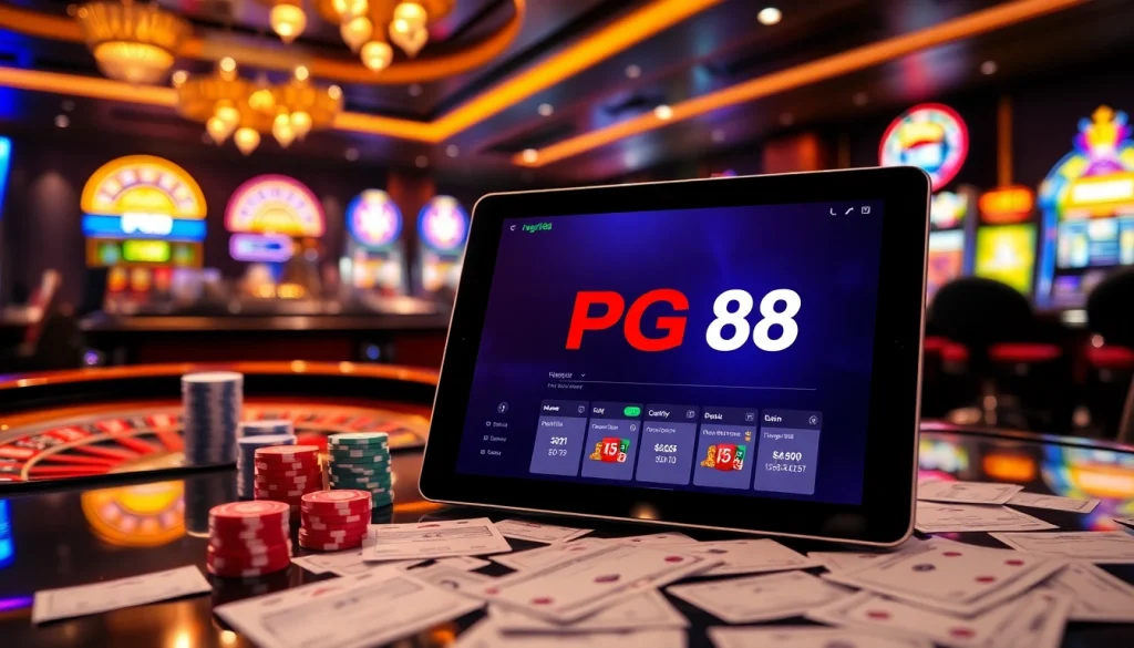 Experience PG88 đăng nhập with luxury gaming tables and vibrant casino elements.