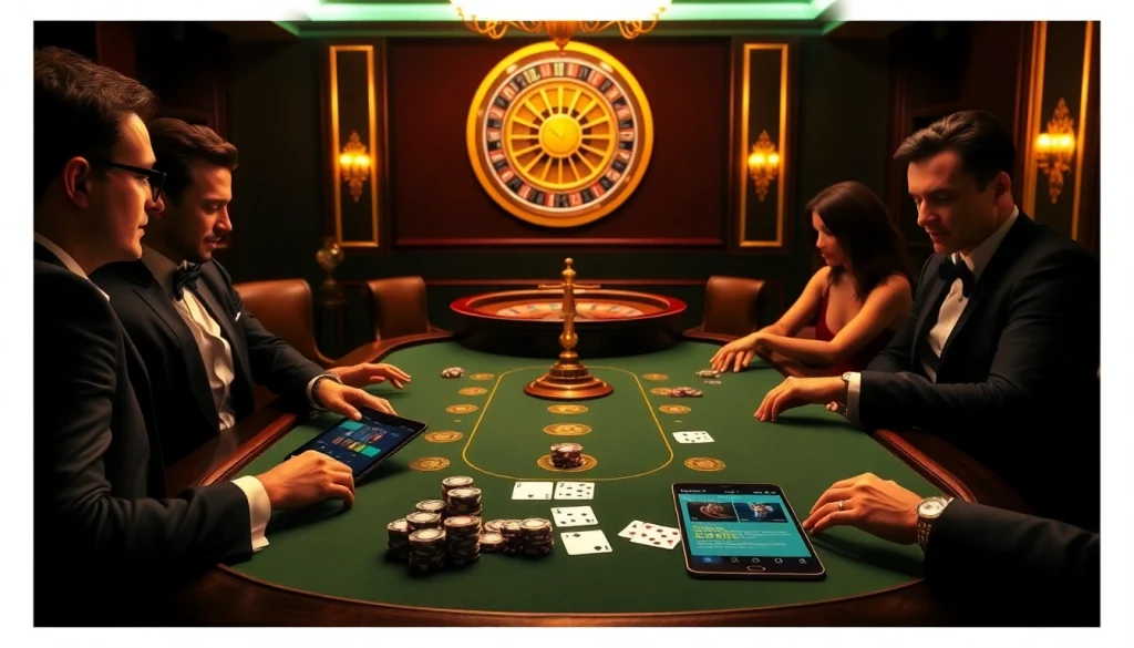 Players enjoying a game of poker at a luxurious casino, reflecting the 68VIP gaming experience.