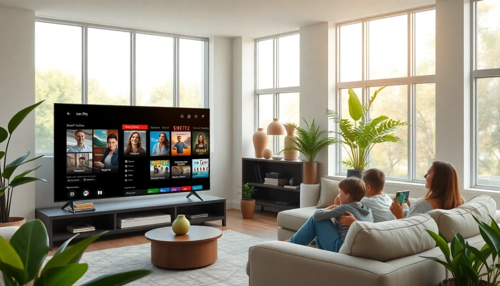 Enjoying Iron TV Pro streaming on a Smart TV in a modern living room with family.