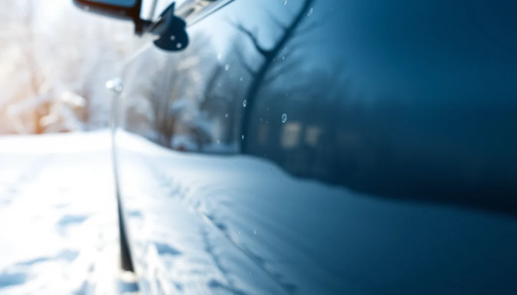 PPF winter road salt protection showcased on a glossy car in a winter scene.