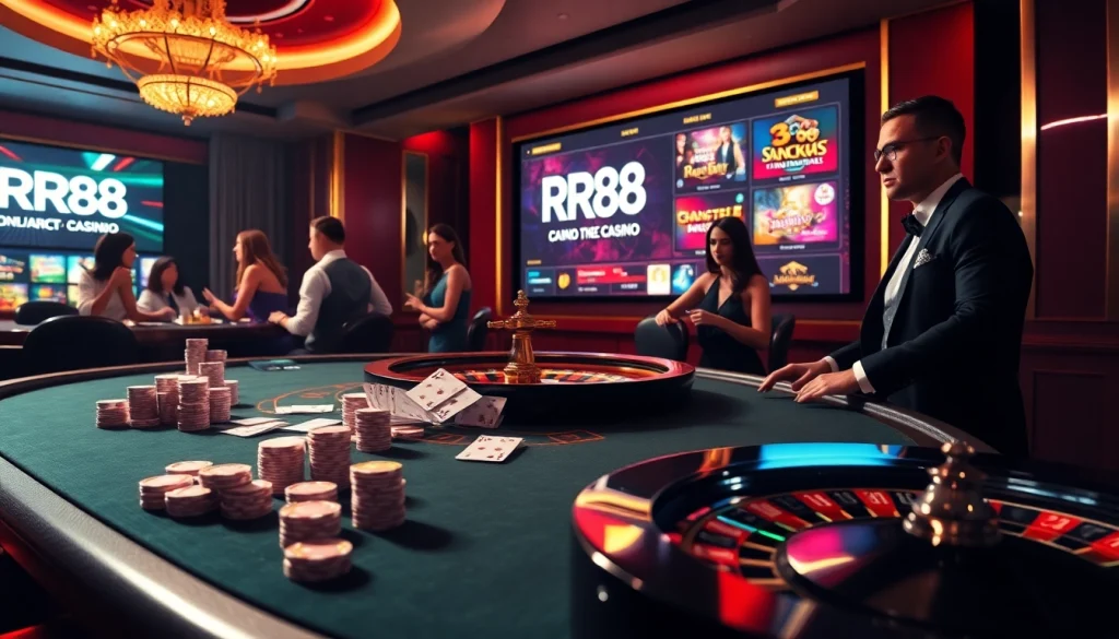 Experience the thrill of gambling with the RR88 link showcasing a lively casino environment full of games.