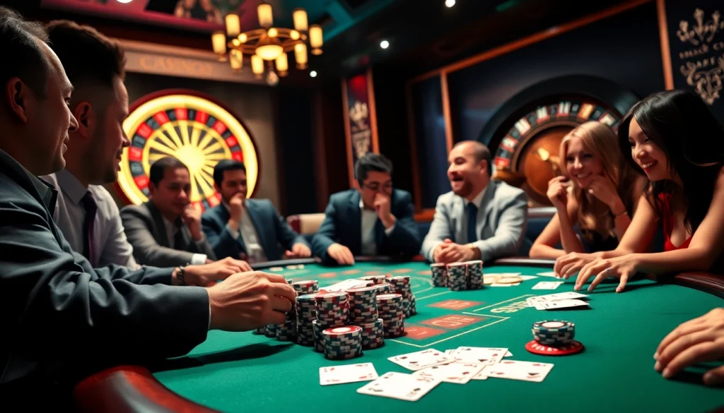 Engaging poker players at a luxury site casino en ligne with vibrant chips and cards.