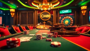 Experience the thrill of CM88 at a luxurious casino table filled with cards and chips.