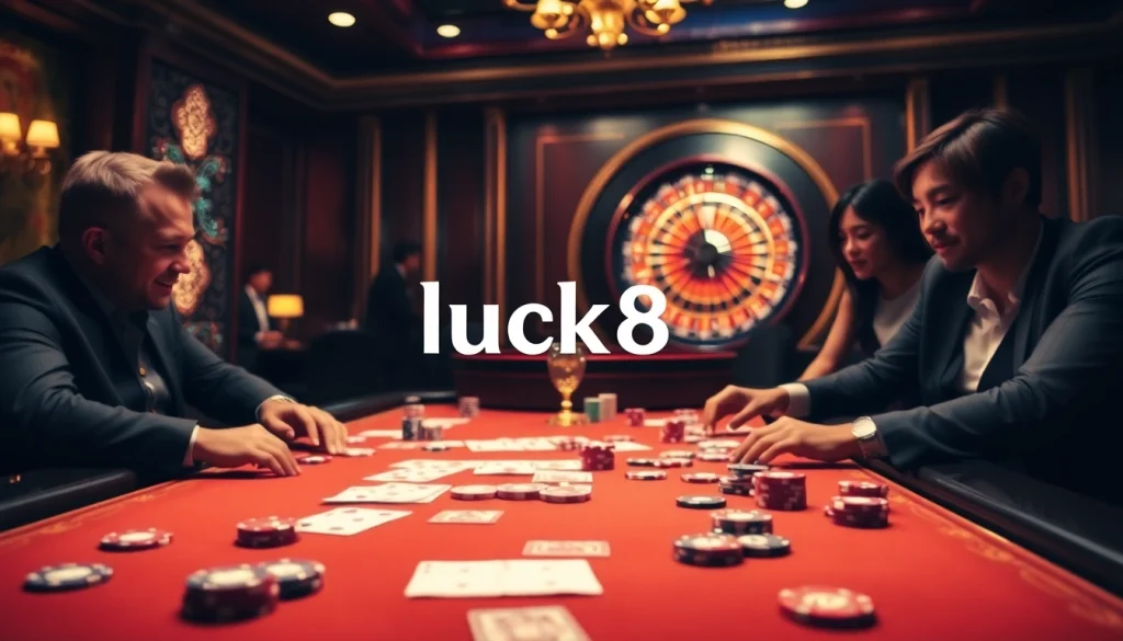 Experience luxury gambling at luck8 with a vibrant casino table, poker chips, and a roulette wheel.