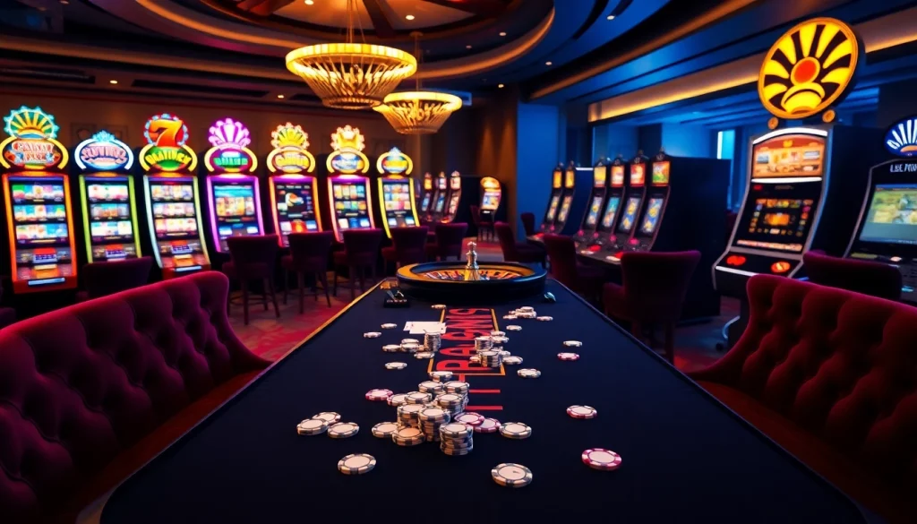 Engage with CM88's thrilling casino atmosphere featuring vibrant slot machines and a gaming table.