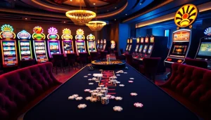 Engage with CM88's thrilling casino atmosphere featuring vibrant slot machines and a gaming table.