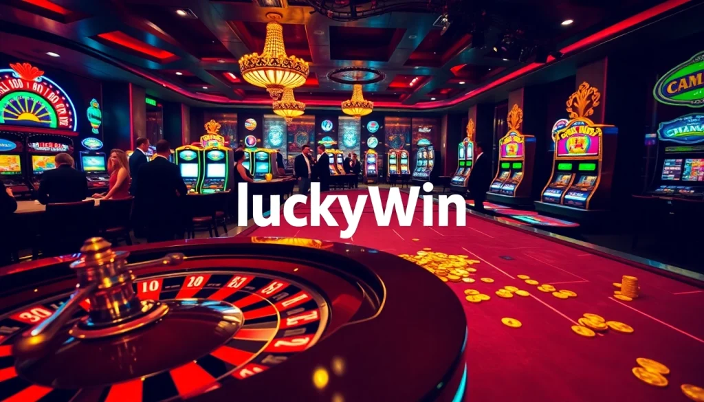 Engaging in thrilling games at luckywin online casino with vibrant slot machines and roulette wheel.