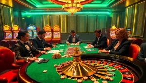 Engage in thrilling poker at CM88's lavish casino table surrounded by vibrant slot machines and roulette.