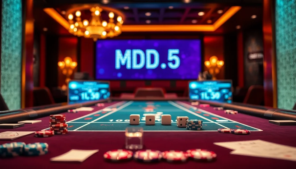 Engaging players at a luxurious tài xỉu md5 table with vibrant chips and dice.